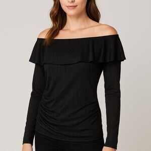 BCX Black Metallic Off-Shoulder Ruffle Long Sleeve Top – Size Medium